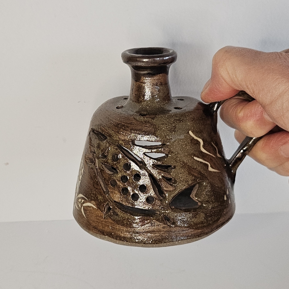 Japanese Ceramic tea light candle holder signed clay art